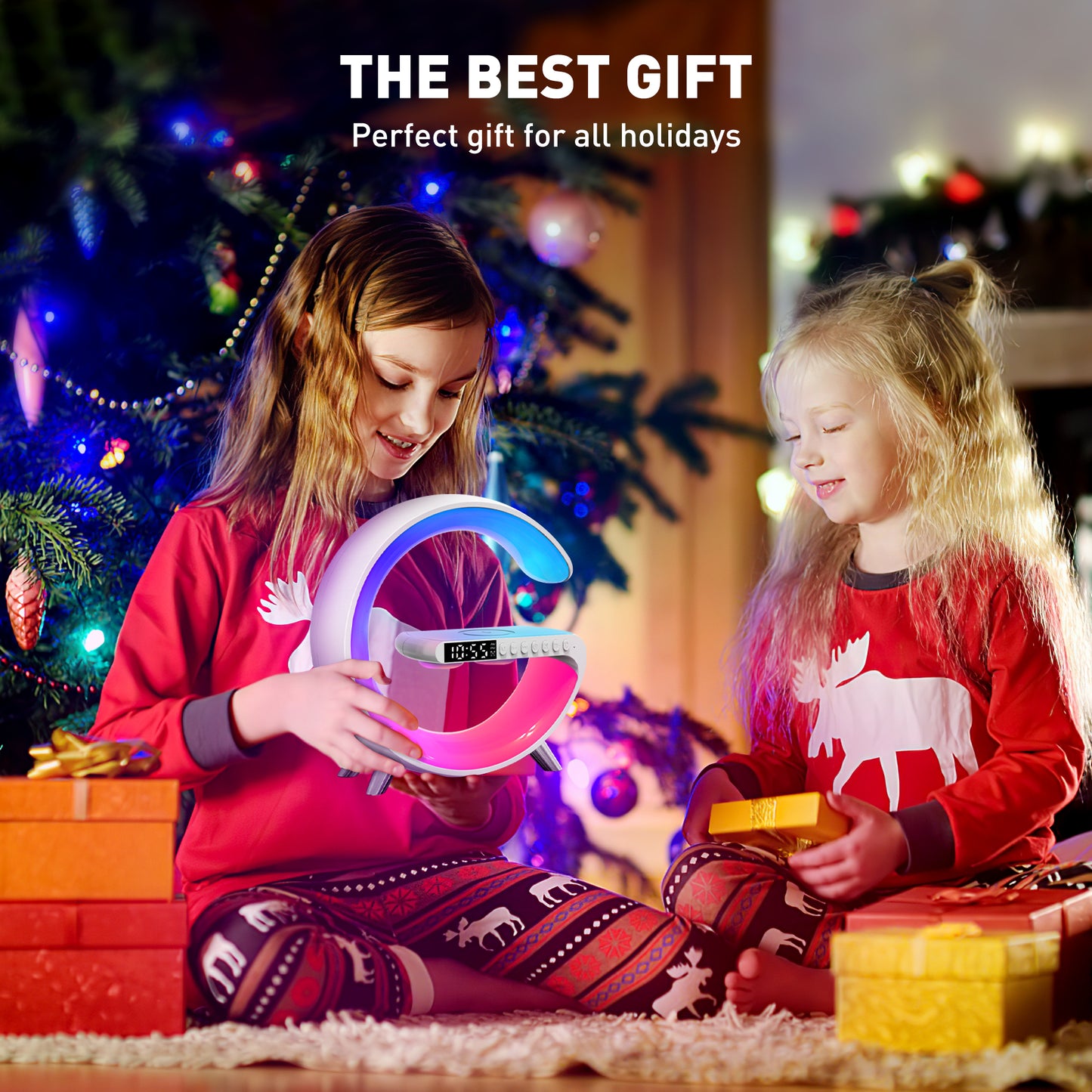 GPED Alarm Clock, Digital Alarm Clock Radio with Wireless Charging & LED Table Lamp, Bluetooth Speaker & FM Radio, 4 in 1 Dimmable Night Light Touch Lamp Clock W/ LED Display, Desk Clock for Bedroom