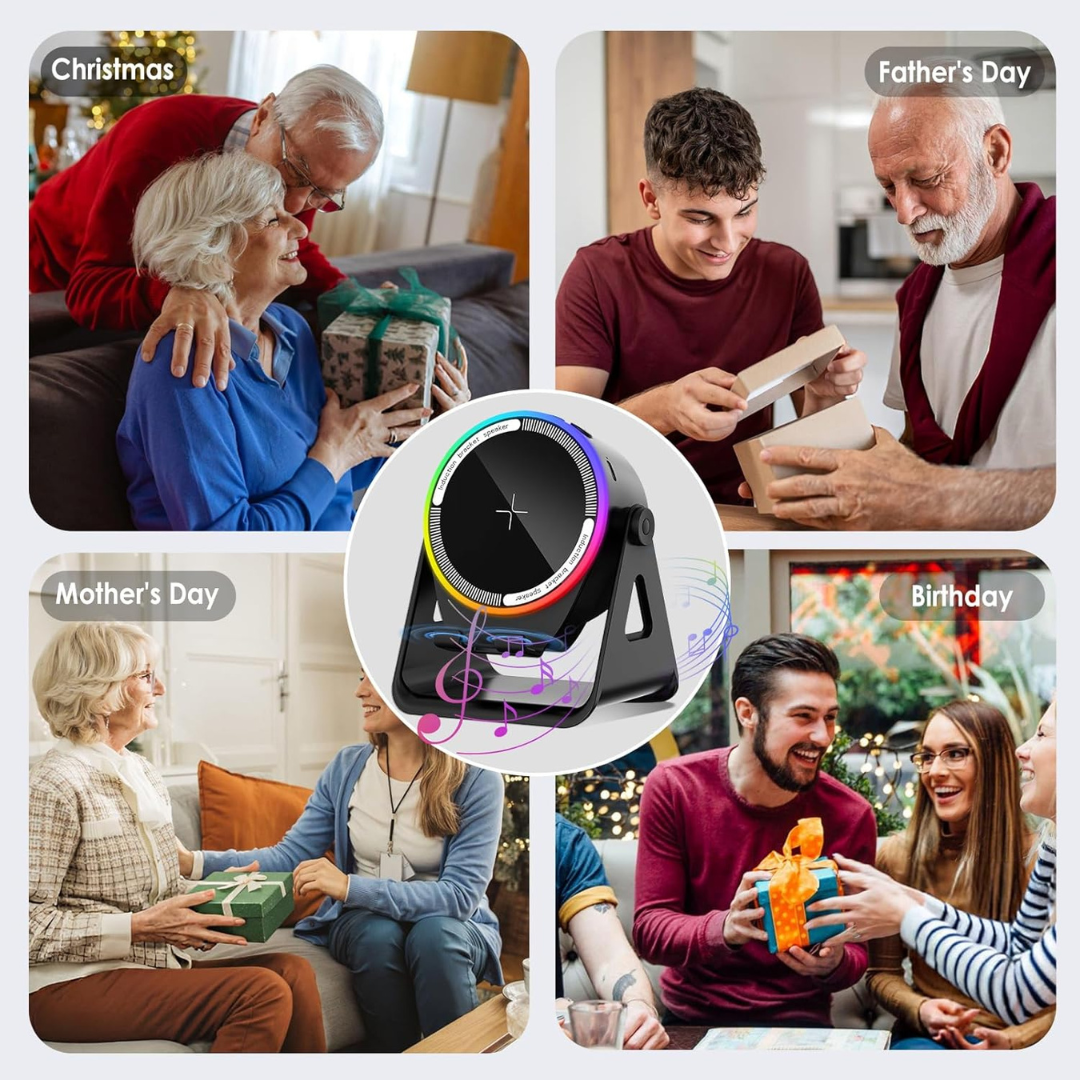 4-in-1 Wireless Induction Speaker with RGB Lights & Phone Stand | 360° Rotating Design
